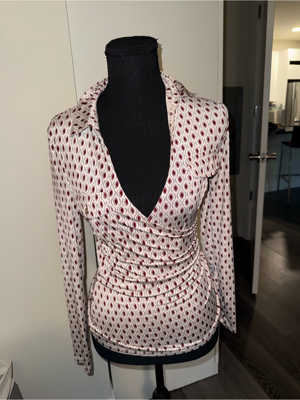 Women's Red Patterned Wrap-Style Long Sleeve Top